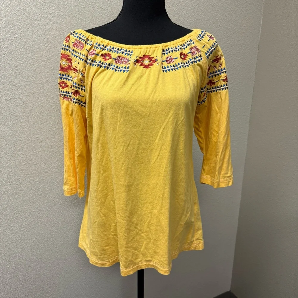 Cowgirl Tuff Co Yellow Embroidered Western Boho Aztec Off Shoulder Top L - Picture 2 of 9